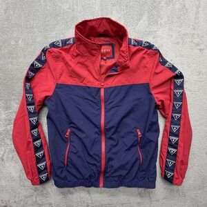 Guess Jacket Mens Large Red Navy Colorblock Logo Tape Windbreaker Full Zip